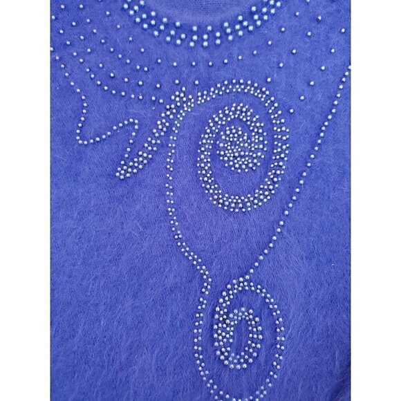 Vtg Connie A Lee Sweater Size M/L? 80% Angora Royal Blue Dolman Sleeve Beaded - Picture 3 of 14
